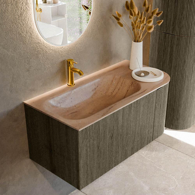 MONDIAZ KURVE-DLUX Meuble de salle de bains 95 cm arrondi à droite couleur Shadow avec 1 tiroir et 1 porte. Lavabo BIG SMALL à gauche 1 trou de robinet Saba.