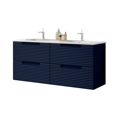 Adema Prime Balance Ensemble de meuble - 120x55x45cm - 2 vasques rectangulaires en céramique Blanc - 2 trous de robinet - 4 tiroirs - avec miroir rectangulaire - Navy Blue