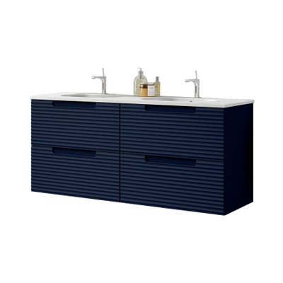 Saniclass Prime Balance Meuble de salle de bain - 120x55x45cm - 2 vasques rectangulaires en céramique blanc - 2 trous de robinet - 4 tiroirs - miroir rectangulaire - mat marine bleu