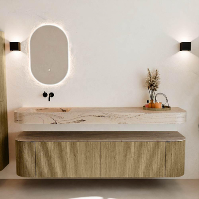 MONDIAZ THOR-DLUX Meuble de salle de bains 190cm arrondi gauche + droite couleur Dusk avec 2 tiroirs et 2 portes. Vasque suspendue CLOUD Gauche sans trou de robinet couleur Arena.