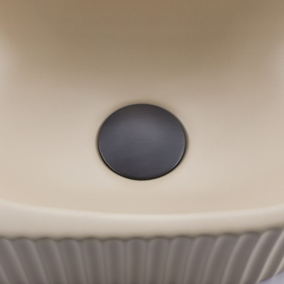 QeramiQ Fuente Ensemble de lavabo - 40x21.5x12cm - gauche - nervuré - demi-rond - 1 trou de robinet - céramique - robinet de lavabo gunmetal - bouchon de vidange - siphon abaissé - beige