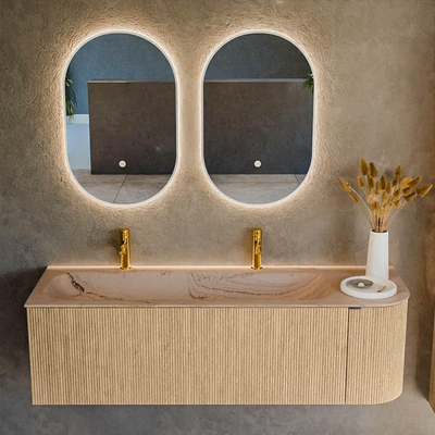 MONDIAZ KURVE-DLUX Meuble de salle de bains 145cm arrondi à droite couleur Oak avec 1 tiroir et 1 porte. Lavabo BIG LARGE à gauche 2 trous de robinet Arena.