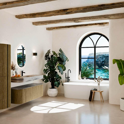 MONDIAZ THOR-DLUX 140cm meuble de salle de bains arrondi gauche + droite couleur Dusk avec 1 tiroir et 2 portes. Vasque suspendue CLOUD Milieu 1 trou de robinet couleur Sombra.