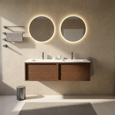Saniclass Holz Frame Ensemble meuble de salle de bains - 140x45x41.5cm - Flow vasque en solid surface blanc - 2 vasques - 2 trous de robinetterie - 2 tiroirs - noyer pure mat (bois)