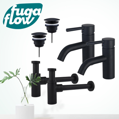 FugaFlow Eccelente Sobrado Badkamer Wastafelkraanset - voor dubbele wastafel - lage wastafelkraan - always open plug - design sifon - Mat zwart