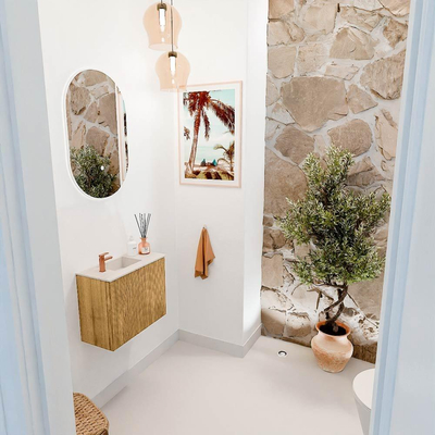 Mondiaz JOYA-DLUX 50cm toiletmeubel - kleur Oak - Wastafel FAYE positie Links 1 kraangat kleur Meli.