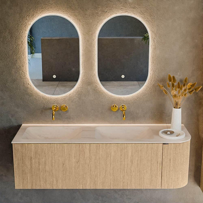 MONDIAZ KURVE-DLUX Meuble de salle de bains 145cm arrondi Droite couleur Chêne avec 1 tiroir et 1 porte. Lavabo LEAF Double / Gauche sans trou de robinet Meli.