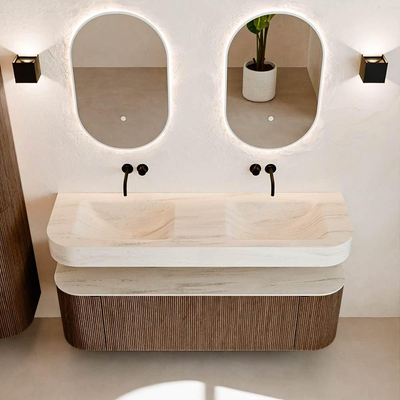 MONDIAZ THOR-DLUX 150cm meuble de salle de bains arrondi gauche + droite couleur Walnut avec 1 tiroir et 2 portes. Vasque suspendue CLOUD Double sans trou de robinet couleur Meli.