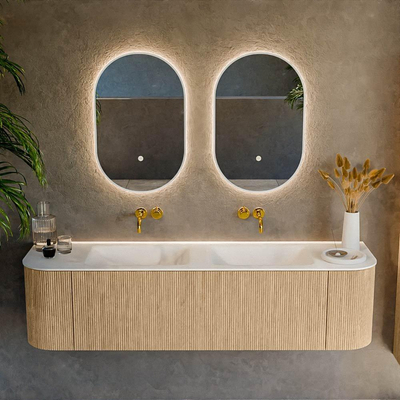 MONDIAZ KURVE 170cm Meuble salle de bain avec module 25 G et D - couleur Oak - 1 tiroir - 2 portes - vasque CLOUD double - sans trous de robinet - Talc