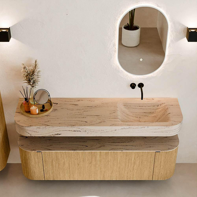MONDIAZ THOR-DLUX 160cm badmeubel ronding links + rechts kleur Oak met 1 lade en 2 deuren. Vrijhangende wastafel CLOUD Rechts zonder kraangat kleur Arena.