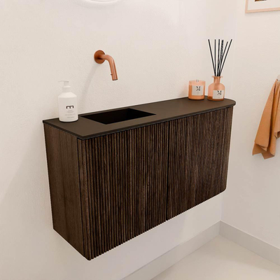Mondiaz JOYA 81.6cm toiletmeubel - ronding rechts kleur Walnut - Wastafel FAYE positie Links Zonder kraangat kleur Urban.