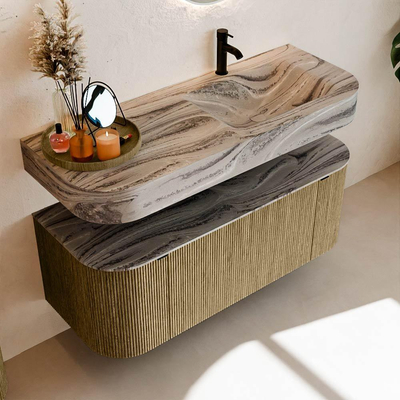 MONDIAZ THOR-DLUX 120cm meuble de salle de bains arrondi gauche + droite couleur Dusk avec 1 tiroir et 2 portes. Vasque suspendue CLOUD Droite 1 trou de robinet couleur Sombra.