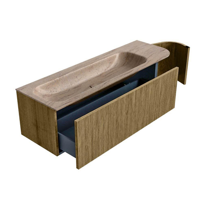 MONDIAZ KURVE-DLUX Meuble de salle de bains 145cm arrondi à droite couleur Dusk avec 1 tiroir et 1 porte. Lavabo BIG LARGE à gauche 2 trous de robinet Saba.