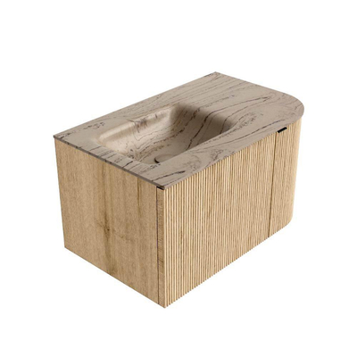 MONDIAZ KURVE-DLUX 75cm badmeubel ronding Rechts kleur Oak met 1 lade en 1 deur. Wastafel GRUNNE Links 1 kraangat Arena.