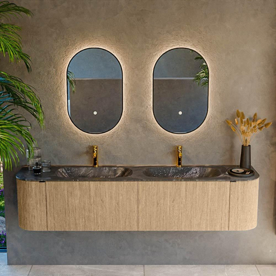 MONDIAZ KURVE-DLUX Meuble de salle de bains 190cm avec module 25 Len R couleur Chêne avec 2 tiroirs et 2 portes. Lavabo STOR SMALL double 2 trous de robinet couleur Lava.