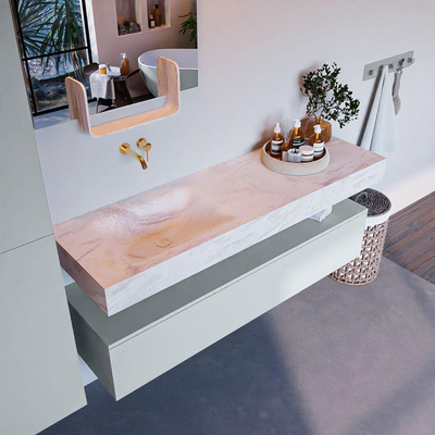 Mondiaz ALAN-DLUX Ensemble de meuble - 150cm - meuble Clay mat - 1 tiroir - Lavabo Cloud Ostra suspendu - vasque Gauche - 0 trous de robinet