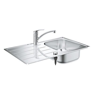 Grohe K200 Spoelbak - met afdruipgedeelte - inclusief Eurosmart eengreeps mengkraan - lage uitloop - eengatsmontage - SilkMove keramische cartouche 35mm - draaibare uitloop 140 graden - StarLight chroom
