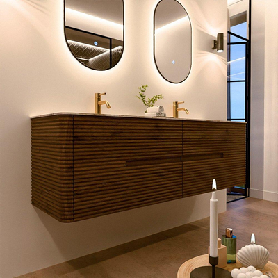 Mondiaz CIRO-DLUX Badkamermeubelset - 160x45x50cm - Solid surface wastafel Frappe - 2 wasbak Dubbel - 2 kraangaten - 4 lades - Dusk