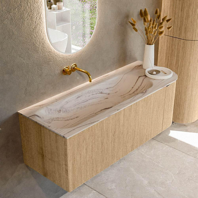 MONDIAZ KURVE-DLUX Meuble de salle de bains 125cm courbe droite couleur chêne avec 1 tiroir et 1 porte. Lavabo BIG MEDIUM gauche sans trou de robinet Nata.