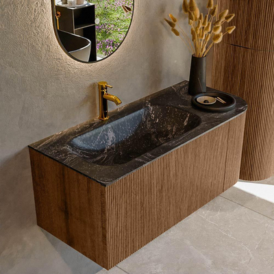 MONDIAZ KURVE-DLUX 105cm Meuble salle de bain avec module 25 D - couleur Walnut - 1 tiroir - 1 porte - vasque BIG SMALL gauche - 1 trou de robinet - couleur Lava