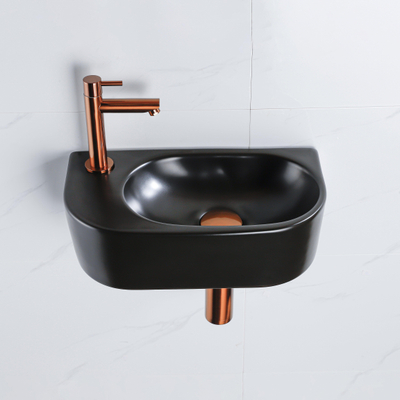 QeramiQ Fuente Ensemble de lavabo - 40x21.5x12cm - gauche - lisse - demi-rond - 1 trou de robinet - céramique - robinet de lavabo en cuivre brossé - bonde - siphon abaissé - noir mat