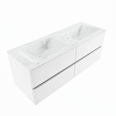 MONDIAZ VICA-DLUX Ensemble meuble de salle de bains - 130cm - meuble bas talc - 4 tiroirs - vasque encastrée cloud double - 2 trous de robinet - version haute 60cm - opalo