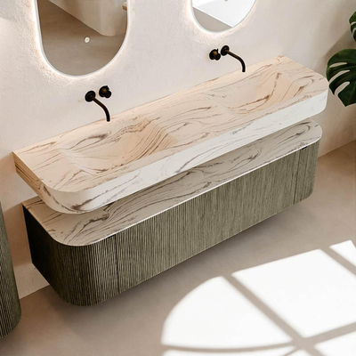 MONDIAZ THOR-DLUX Meuble de salle de bains 170cm arrondi gauche + droite couleur Shadow avec 1 tiroir et 2 portes. Vasque suspendue CLOUD Double sans trou de robinet couleur Nata.