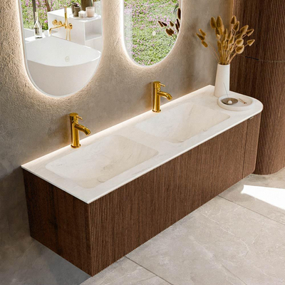 MONDIAZ KURVE-DLUX 145cm badmeubel met module 25 R kleur Walnut met 1 lade en 1 deur. Wastafel LEAF dubbel / links 2 kraangaten kleur Opalo.
