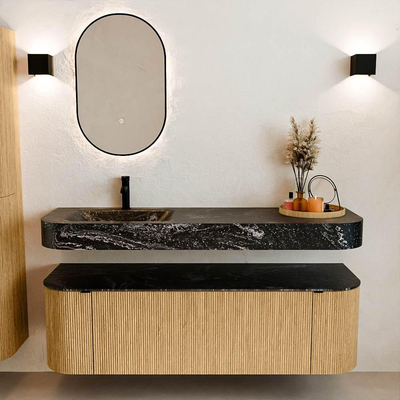 MONDIAZ THOR-DLUX 150cm badmeubel ronding links + rechts kleur Oak met 1 lade en 2 deuren. Vrijhangende wastafel CLOUD Links 1 kraangat kleur Lava.