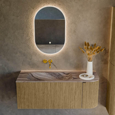 MONDIAZ KURVE-DLUX Meuble de salle de bains 115 cm arrondi à droite couleur Dusk avec 1 tiroir et 1 porte. Lavabo BIG SMALL à gauche sans trou de robinet Sombra.