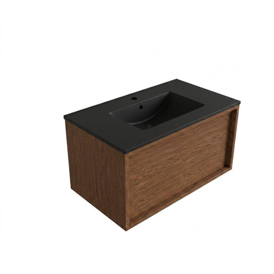 Saniclass Holz Frame Ensemble meuble de salle de bains - 80x45x42cm - Vasque Vygo en céramique noire - 1 vasque - 1 trou de robinetterie - 1 tiroir - mat walnut pure (bois)