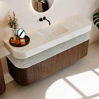 MONDIAZ THOR-DLUX 160cm meuble de salle de bains arrondi gauche + droite couleur Walnut avec 1 tiroir et 2 portes. Vasque suspendue CLOUD Milieu sans trou de robinet couleur Opalo.