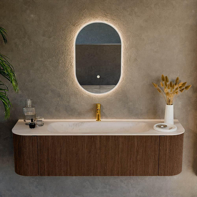 MONDIAZ KURVE-DLUX Meuble de salle de bains 160cm arrondi Gauche + Droite couleur Walnut avec 1 tiroir et 2 portes. Lavabo BIG MEDIUM Central 1 trou de robinet Meli.