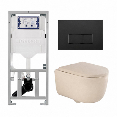 QeramiQ Dely Swirl Toiletset - 36.3x51.7cm - Geberit UP320 inbouwreservoir - met Burda frame - 35mm zitting - mat zwarte bedieningsplaat - rechthoekige knoppen - beige