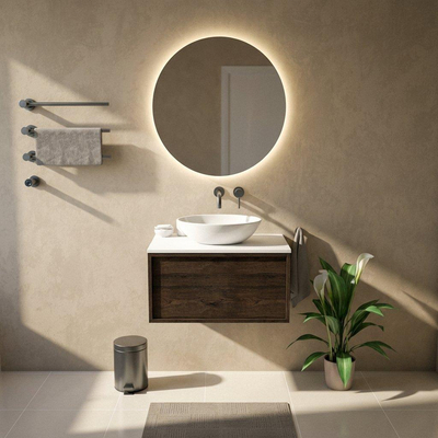 Saniclass Holz Frame Ensemble meuble de salle de bains - 80x45x42.5cm - plan Torino en solid surface blanc - sans trou de robinet - 1 tiroir - chêne charcoal mat (bois)