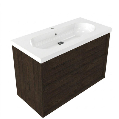Saniclass Holz Frame Ensemble meuble de salle de bains - 100x45x63.5cm - Palermo lavabo en céramique blanc - 1 vasque - 1 trou de robinet - 2 tiroirs - chêne charcoal mat (bois)