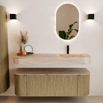 MONDIAZ THOR-DLUX 140cm meuble de salle de bains arrondi gauche + droite couleur Dusk avec 1 tiroir et 2 portes. Vasque suspendue CLOUD Droite 1 trou de robinet couleur Saba.