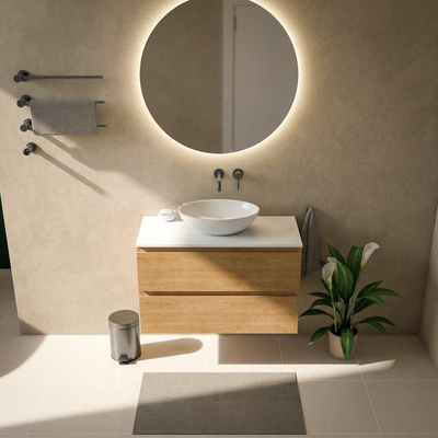 Saniclass Holz Pure Ensemble de meubles de salle de bains - 100x45x62.5cm - plan de toilette Torino en solid surface blanc - sans trou de robinetterie - 2 tiroirs - chêne natural mat (bois)