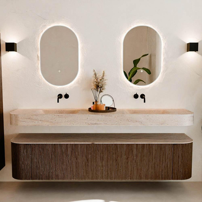 MONDIAZ THOR-DLUX Meuble de salle de bains - 200cm - arrondi gauche + droite - couleur Walnut - 2 tiroirs et 2 portes - Vasque suspendue CLOUD Double sans trou de robinet - couleur Saba