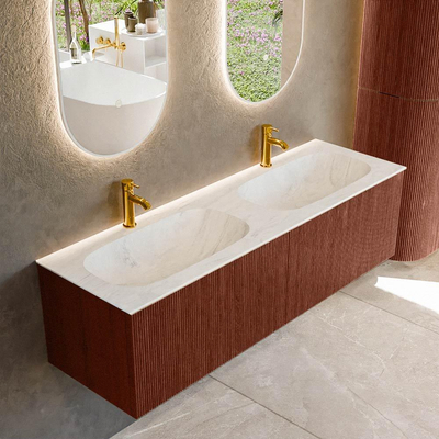 Mondiaz KURVE-DLUX Badkamermeubelset - 150x46x40cm - 2 lade - wastafel solid surface - dubbel - 2 kraangaten - Ruby