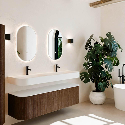 MONDIAZ THOR 160cm meuble de salle de bains arrondi gauche + droite couleur Walnut avec 1 tiroir et 2 portes. Vasque suspendue CLOUD Double 2 trous de robinet couleur Talc.