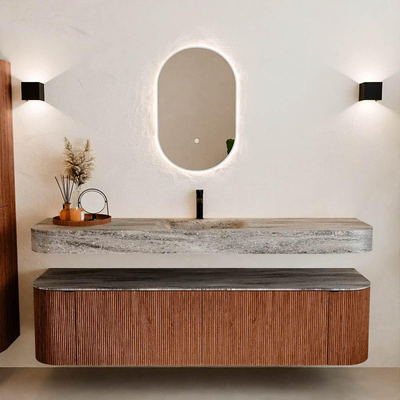 MONDIAZ THOR-DLUX Meuble de salle de bains - 180cm - arrondi gauche + droite - couleur Ruby - 2 tiroirs - 2 portes - Vasque suspendue CLOUD Milieu 1 trou de robinet couleur Oza