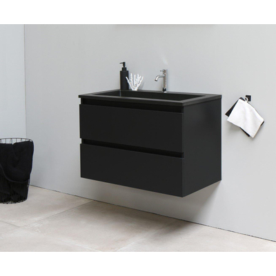 Basic Bella Meuble lavabo acrylique noir avec 1 trou de robinet avec miroir 80x55x46cm Flat Pack Noir mat