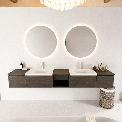 Mondiaz bukla ensemble de meubles de bain 240x45x34cm 2 robinets 2 lavabos surface solide talc sans poignée 4 tiroirs avec softclose mélamine marron foncé