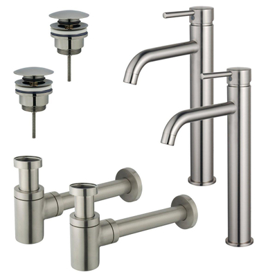 FortiFura Calvi Kit robinet lavabo - pour double vasque - robinet rehaussé - bonde clic clac - siphon design bas - Inox brossé PVD