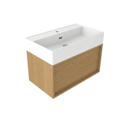Saniclass Holz Frame Badkamermeubelset - 80x45x52cm - Legend keramische wastafel mat wit - 1 wasbak - zonder kraangat - 1 lade - mat eiken natural (hout)