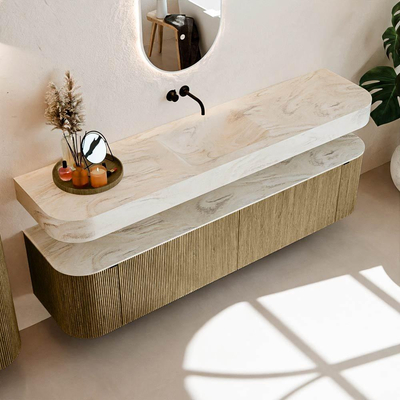 MONDIAZ THOR-DLUX 190cm meuble de salle de bains arrondi gauche + droite couleur Dusk avec 2 tiroirs et 2 portes. Vasque suspendue CLOUD Milieu sans trou de robinet couleur Ostra.