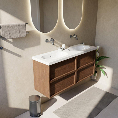 Saniclass Holz Frame Ensemble meuble de salle de bains - 140x45x63.5cm - lavabo Palermo en céramique blanc - 2 vasques - sans trous de robinetterie - 4 tiroirs - walnut pure mat (bois)
