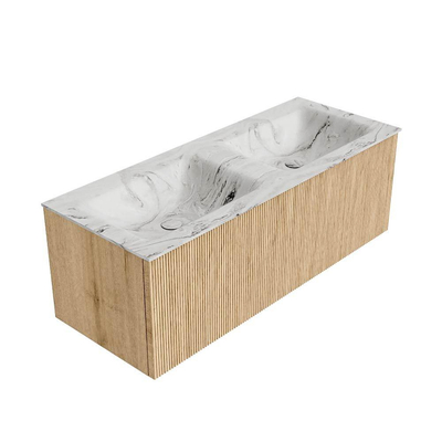 MONDIAZ KURVE-DLUX 120cm badmeubel kleur Oak met 1 lade. Wastafel LEAF dubbel 2 kraangaten kleur Glace.