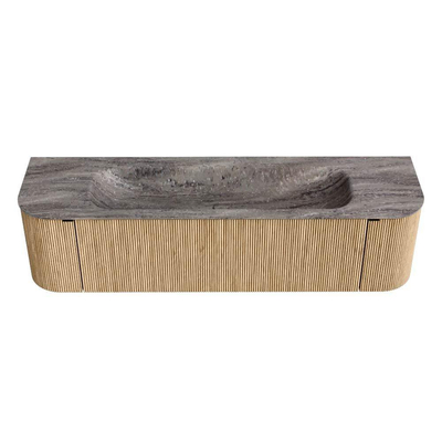 MONDIAZ KURVE-DLUX Meuble de salle de bains 170 cm arrondi gauche + droite couleur chêne avec 1 tiroir et 2 portes. Lavabo BIG LARGE Central sans trou de robinet Oza.